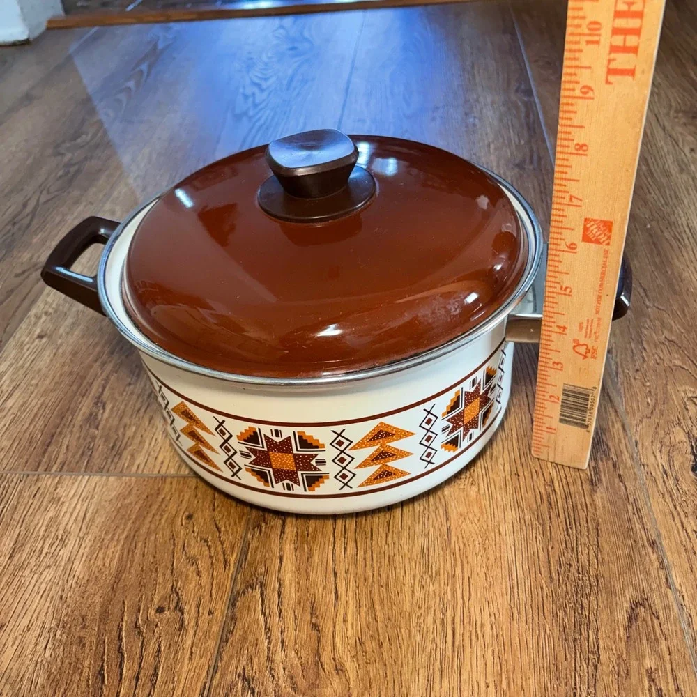 Vintage Enamel Stock Pot Made in Japan Retro 70s Geometric Brown Orange Western